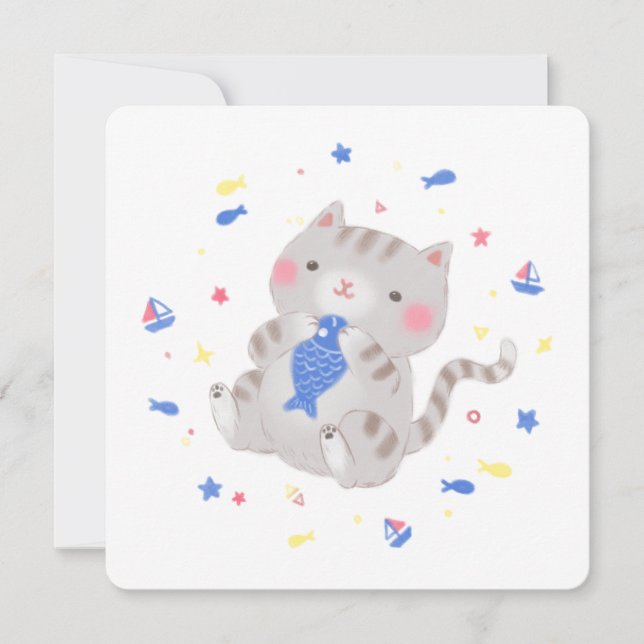 Niedliche Kitty mit Fisch im Sommer Illustration Einladung (Vorderseite)