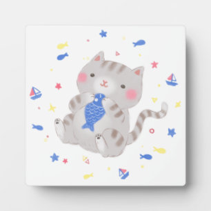 Niedliche Kitty mit Fisch im Sommer Illustration Fotoplatte