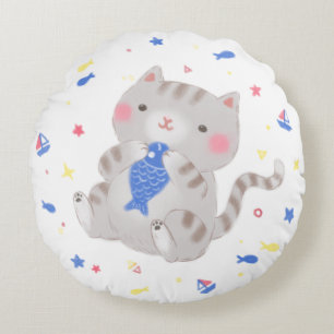 Niedliche Kitty mit Fisch im Sommer Illustration Rundes Kissen