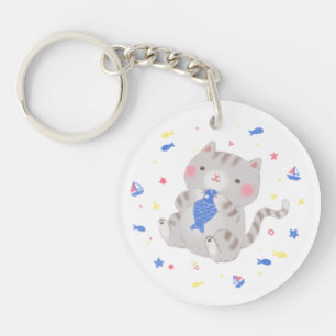 Niedliche Kitty mit Fisch im Sommer Illustration Schlüsselanhänger