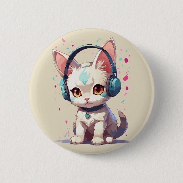 Niedliche Kitty mit Kopfhörer-Charm Button (Vorderseite)