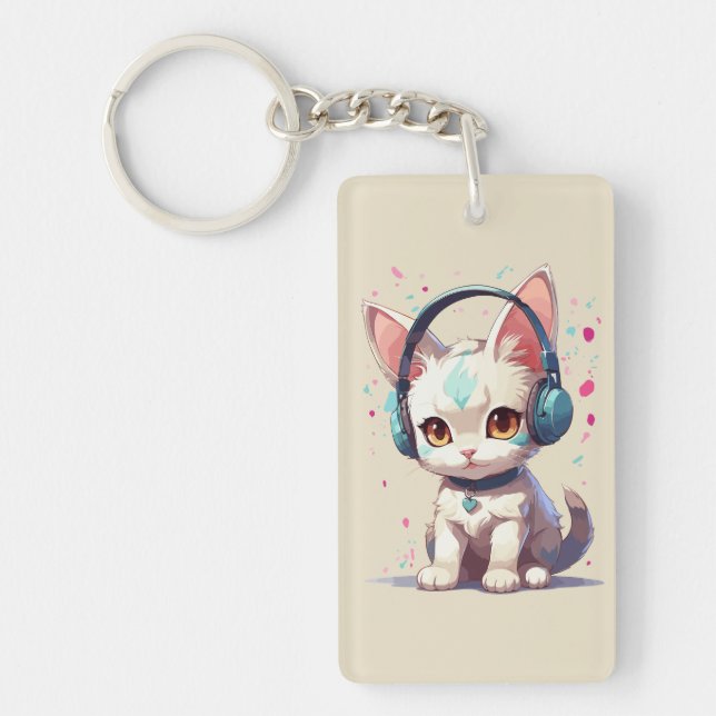 Niedliche Kitty mit Kopfhörer-Charm Schlüsselanhänger (Vorderseite)