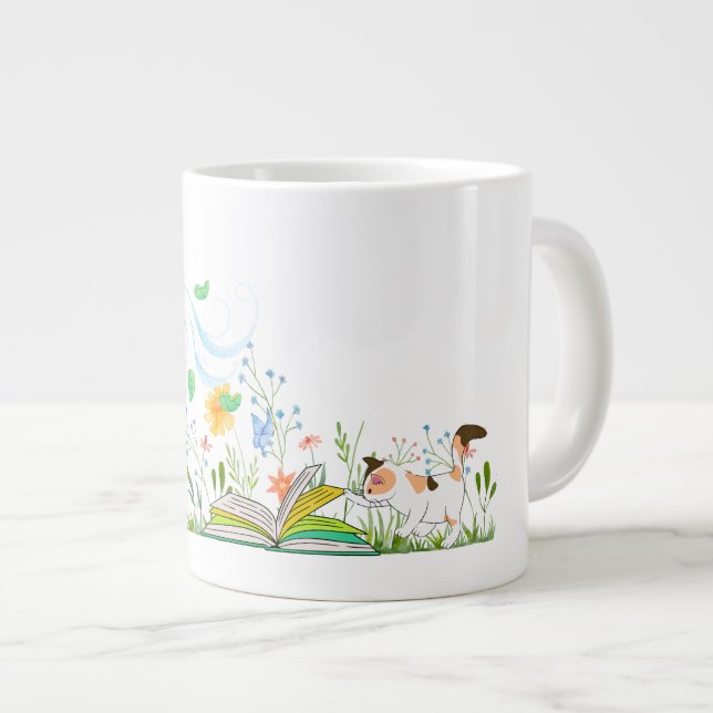Niedliche Kitty Reading ein Buch. Jumbo-Tasse (Vorderseite Rechts)