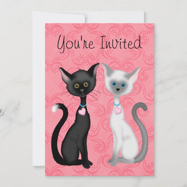Niedliche Kity Cats Rosa, Schwarz, Weiß zum Geburt Einladung (Vorderseite)