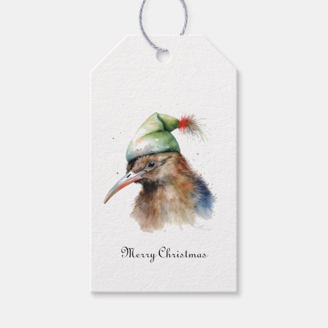 Niedliche Kiwi Bird in Christmas Elf Hat, Brauch Geschenkanhänger (Vorderseite)