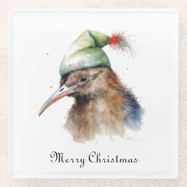 Niedliche Kiwi Bird in Christmas Elf Hat, Brauch Glasuntersetzer (Vorderseite)