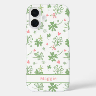 Niedliche Kleeblätter mit rosa Bögen und Herz iPhone 16 Hülle