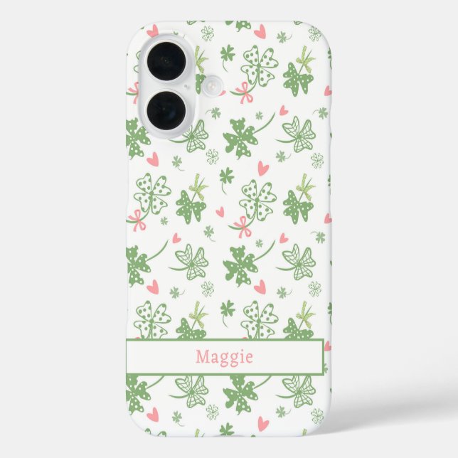 Niedliche Kleeblätter mit rosa Bögen und Herz iPhone 16 Hülle (Rückseite)
