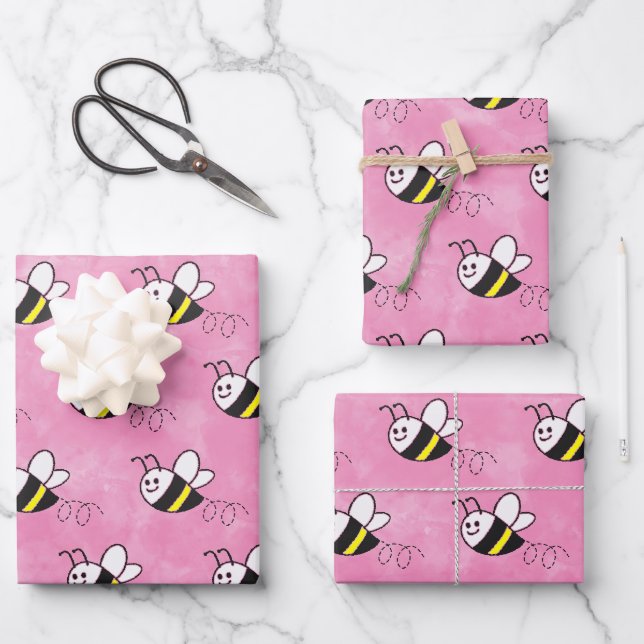 Niedliche Kleine Bienenmuster Wasserfarben Babydus Geschenkpapier Set (Vorderseite)