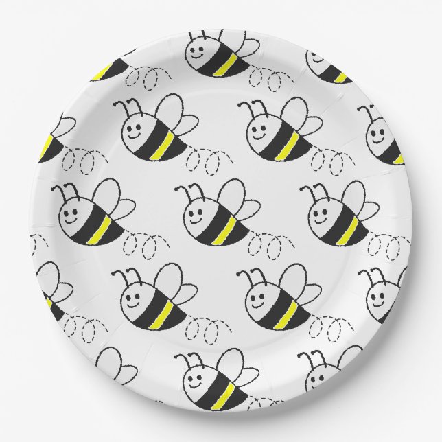 Niedliche Kleine Bienenmuster White Baby Dusche Pappteller (Vorderseite)