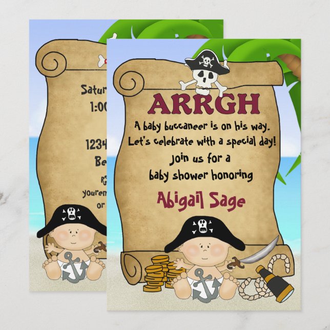 Niedliche kleine Buccaneer Pirate Baby Dusche Einladung (Vorne/Hinten)