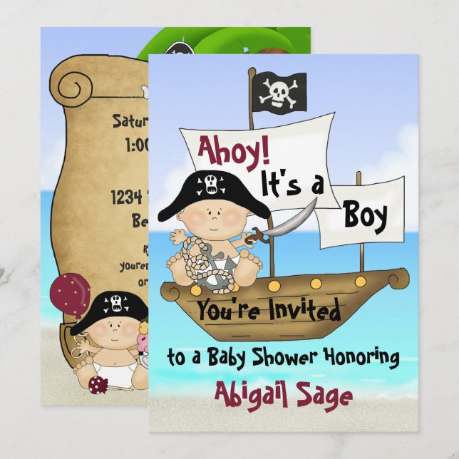 Niedliche kleine Buccaneer Pirate Baby Dusche Einladung (Vorne/Hinten)