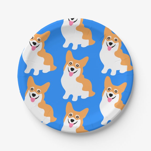 Niedliche kleine Corgi-Muster-Blau-Gewohnheit Pappteller (Vorderseite)