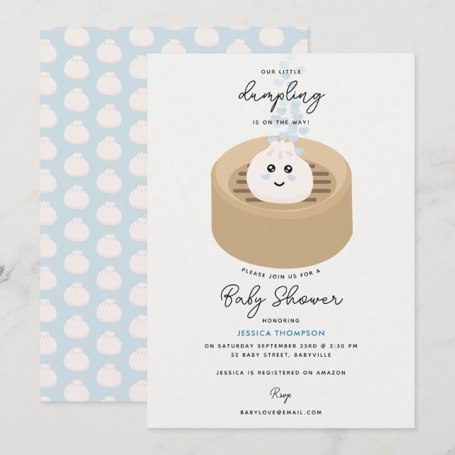 Niedliche Kleine Dumpling Blue Hearts Babydusche Einladung (Vorne/Hinten)