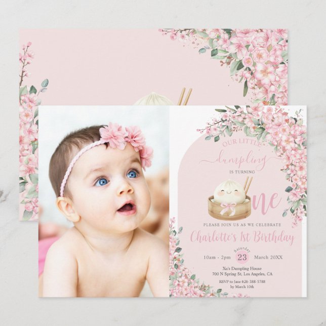 Niedliche Kleine Dumpling Kirschblüten 1. Geburtst Einladung (Vorne/Hinten)
