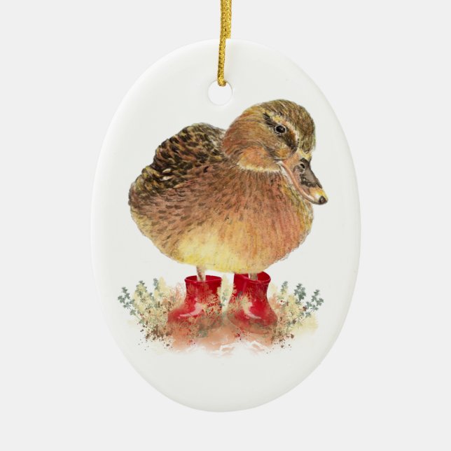 Niedliche kleine Ente in Red Rubber Boots Fun Keramik Ornament (Vorne)