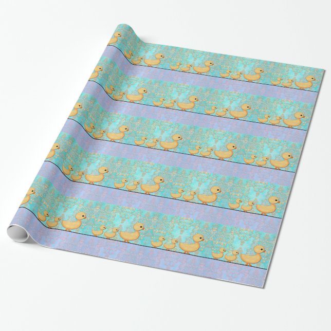 Niedliche Kleine Enten auf Lila Aquamarinen Damast Geschenkpapier (Ungerollt)