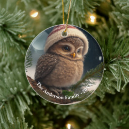Niedliche kleine Eule über einem schneebedeckten B Keramik Ornament