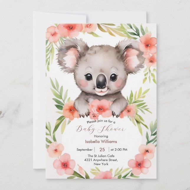 Niedliche kleine florale Koala Babydusche Einladung (Vorderseite)