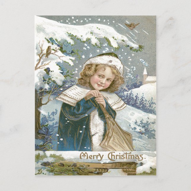 Niedliche kleine Girl-Schneebaumkirche Postkarte (Vorderseite)