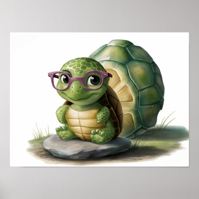 Niedliche kleine grüne Schildkröte mit Brille Poster (Vorne)