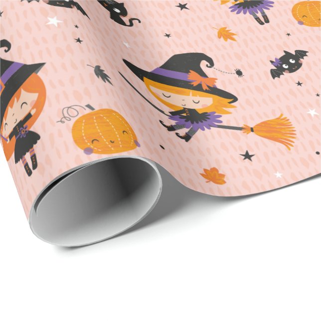Niedliche kleine Halloween-Hexen, Katzen und Flede Geschenkpapier (Rolleneckpunkt)