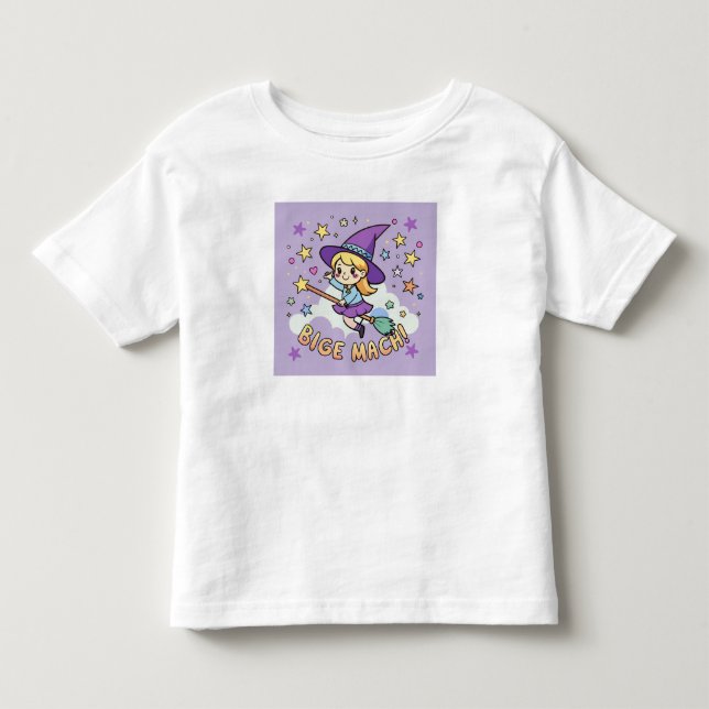 Niedliche kleine Hexe, die auf dem Broom Halloween Kleinkind T-shirt (Vorderseite)