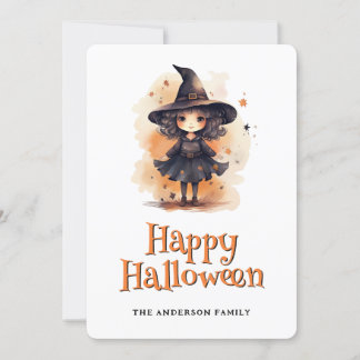 Niedliche kleine Hexe in einer Huthappy Halloween- Feiertagskarte