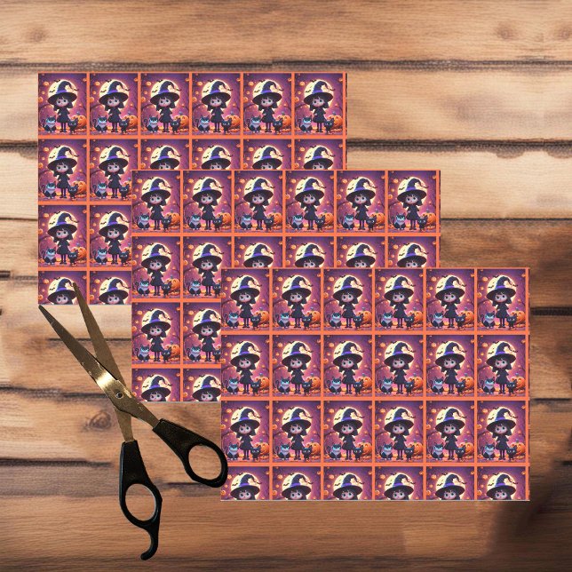 Niedliche kleine Hexe mit Katzen und Kürbissen, Ha Seidenpapier (Von Creator hochgeladen)