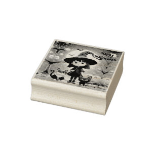 Niedliche kleine Hexe mit Katzen und Kürbissen, na Gummistempel