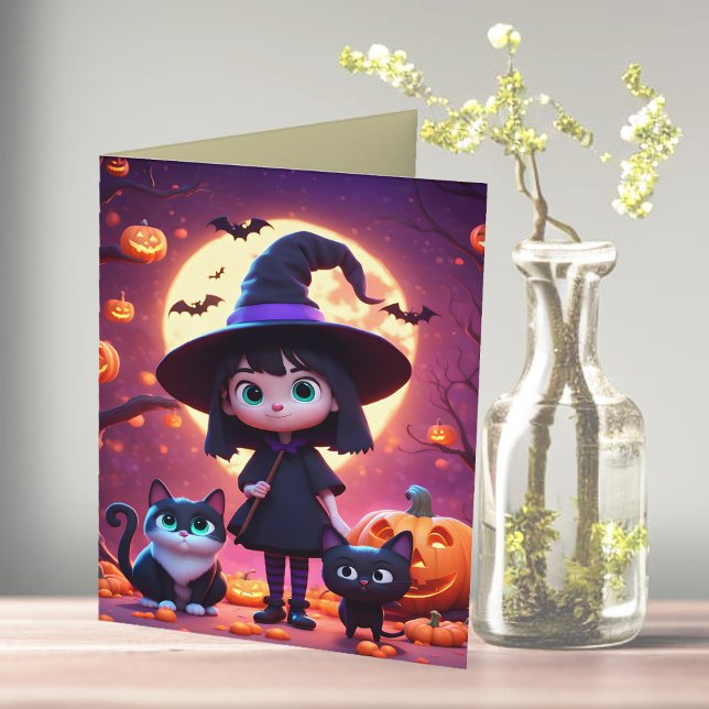 Niedliche kleine Hexe mit Katzen und Kürbissen, na Karte (Von Creator hochgeladen)