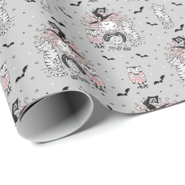 Niedliche kleine Hexenmädchen mit Fledermauskatzen Geschenkpapier (Rolleneckpunkt)