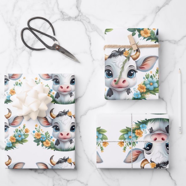 Niedliche kleine Mädchenkuhe in Blume Geschenkpapier Set (Vorderseite)