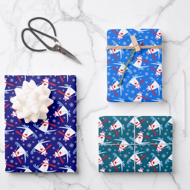Niedliche kleine Maus auf Skis Weihnachtsschnee Geschenkpapier Set (Vorderseite)