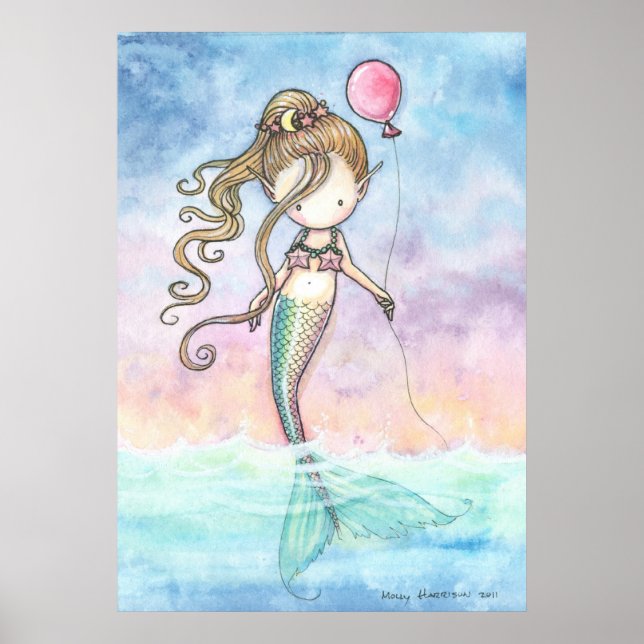 Niedliche kleine Meerjungfrau mit Ballonkissen Poster (Vorne)