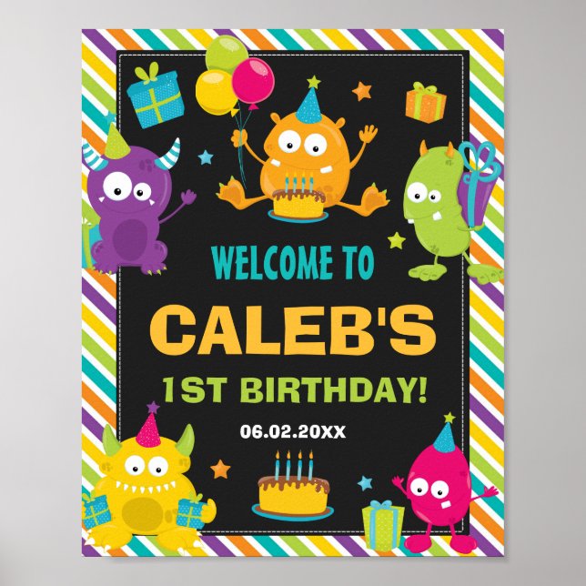Niedliche Kleine Monster 1. Geburtstag Party Willk Poster (Vorne)