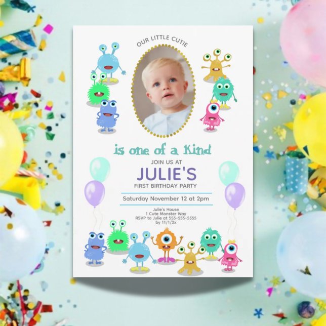 Niedliche Kleine Monster Foto Geburtstagsparty Einladung (Cute Little Monsters Photo Birthday Party Invitation)
