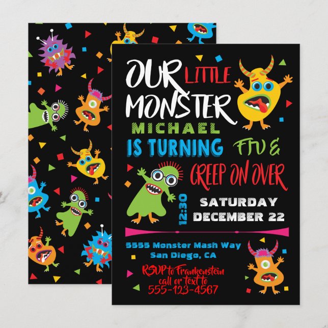 Niedliche Kleine Monster Geburtstagsparty Einladung (Vorne/Hinten)