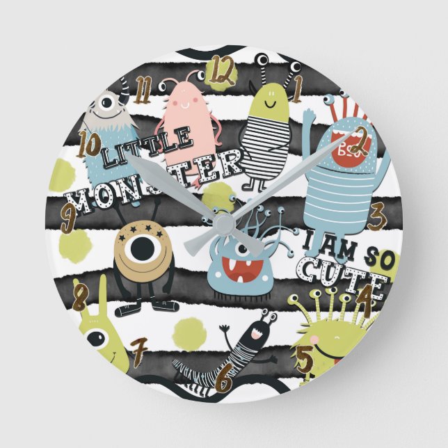 Niedliche Kleine Monster Moderner Chic Wasserfarbe Runde Wanduhr (Vorderseite)