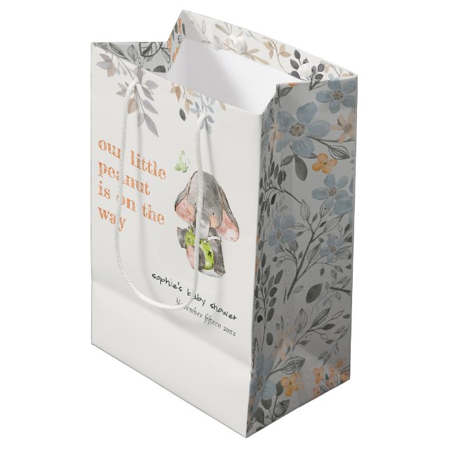 Niedliche kleine Peanut Elephant Foliage Babydusch Mittlere Geschenktüte (Vorderseite Schrägansicht)
