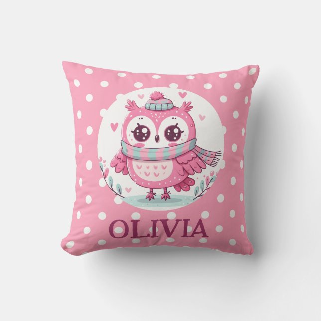 Niedliche kleine rosa Eule und Polka-Dosen Kissen (Vorderseite)