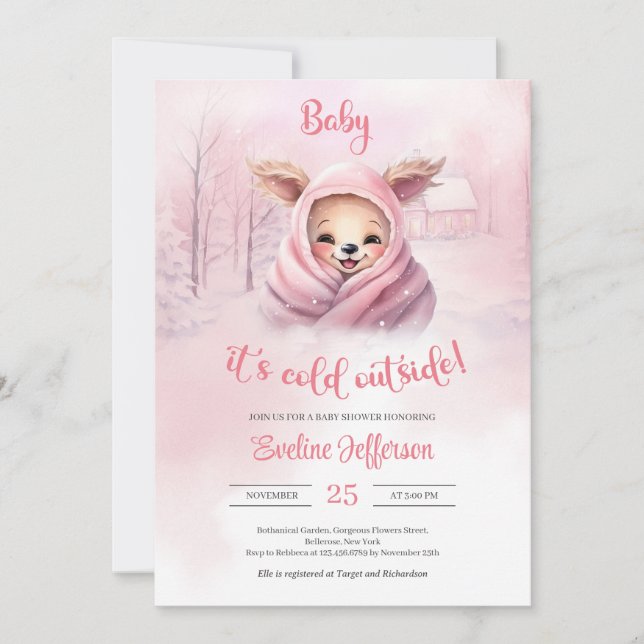 Niedliche kleine rosa Rentiere im rosa Winter Einladung (Vorderseite)