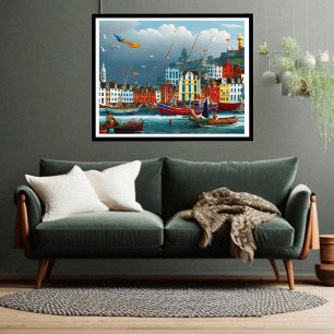 Niedliche kleine Touristenstadt Moderne Hafenfanta Poster