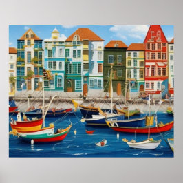 Niedliche kleine Touristenstadt Moderne Hafenfanta Poster