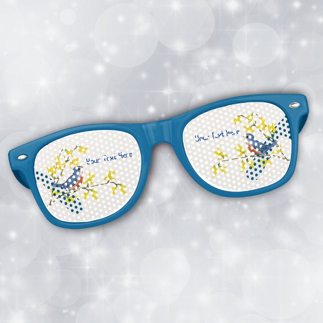 Niedliche kleine Vögel auf Branntwein mit gelben B Partybrille (Cute red and blue bird on branch bright yellow flowers on blue retro party glasses.)