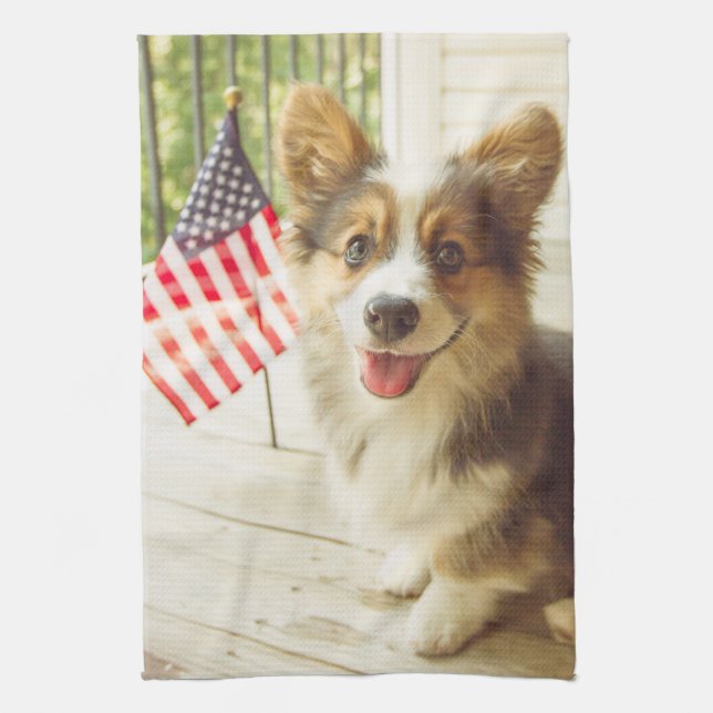 Niedliche Kleintiere | American Flag Corgi Geschirrtuch (Vertikal)