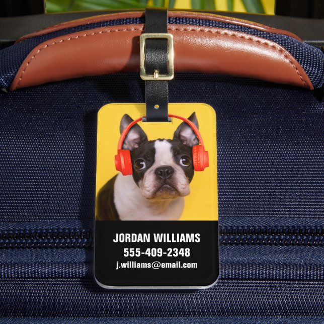 Niedliche Kleintiere | Boston Terrier Kopfhörer Gepäckanhänger (Vorderseite Insitu 2)