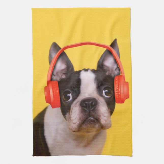 Niedliche Kleintiere | Boston Terrier Kopfhörer Geschirrtuch (Vertikal)
