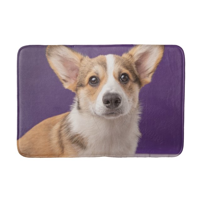 Niedliche Kleintiere | Corgi Welppy auf Lila Badematte (Vorderseite)