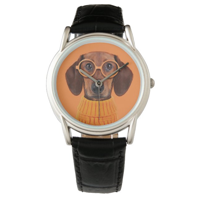 Niedliche Kleintiere | Dackel Orange Sweater Armbanduhr (Vorderseite)